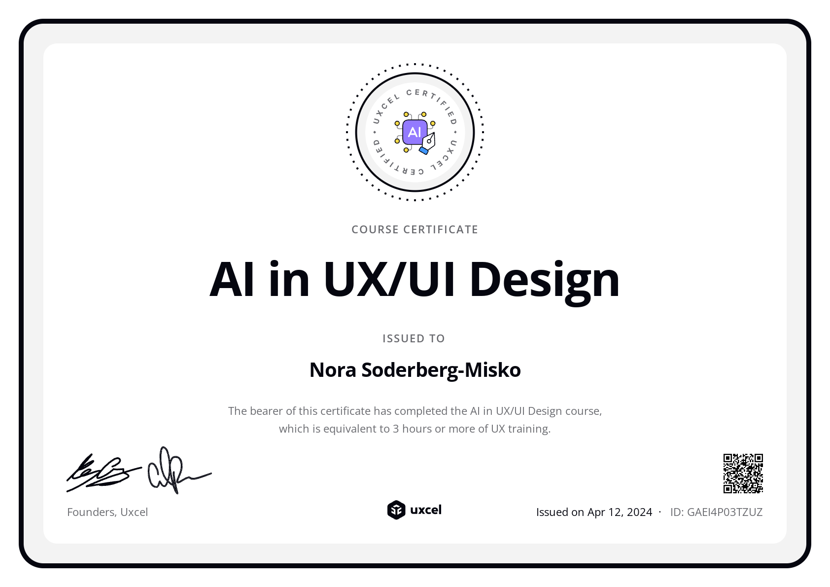 Nora Soderberg-Misko's certificate